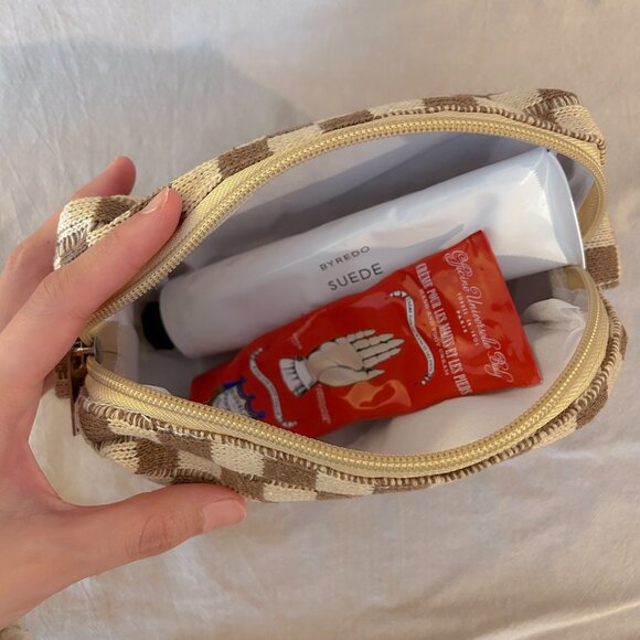 Brand New Small Brown and Cream Checkered Fabric Pouch - Picture 5 of 6